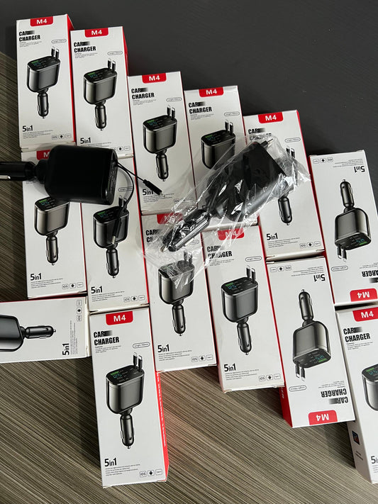 Super Chargeur Rétractable 5 en 1 – Charge Rapide 60W pour Voiture + 2 câbles de 70cm + Rotation Flexible