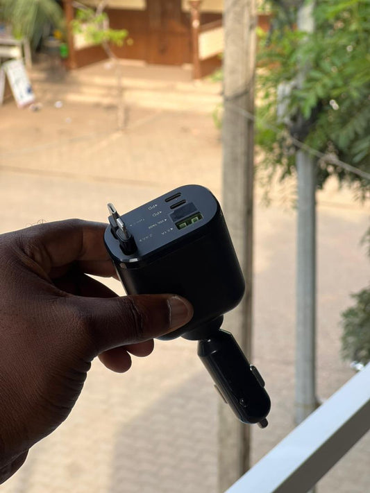 Super Chargeur Rétractable 5 en 1 – Charge Rapide 60W pour Voiture + 2 câbles de 70cm + Rotation Flexible
